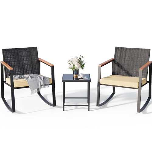 Gizoon 3 Pieces Rocking Patio Bistro Set with Anti-Scald Armrest, Outdoor Patio Wicker Furniture Set with Glass Table and Cushion for Garden, Yard, Porch