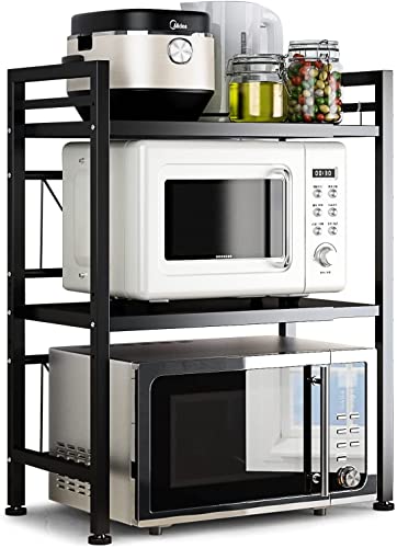 DOLALIKE Microwave Oven Rack, Expandable Microwave Stand Countertop Kitchen Utensils Tableware Storage, Carbon Steel Over Microwave Shelf Countertop with 3 Hooks