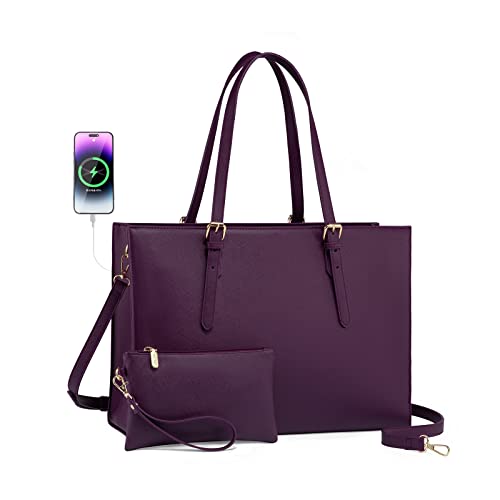 LOVEVOOK 15.6 Inch Laptop Bag for women, Large Waterproof PU Leather Work Briefcase with USB Charging Port Casual Computer Shoulder Messenger Fashion Business Office Tote Handbag Purse, Purple