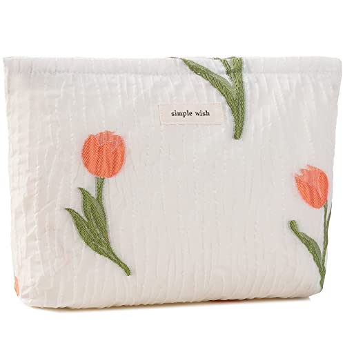 ZLFSRQ Tulip Makeup Bag for Women Floral Makeup Pouch for Purse Zipper Cosmetic Bag Large Capacity Quilted Canvas Cute Aesthetic Flower Makeup Bag Gift Travel Toiletry Make Up Organizer