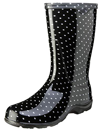 Sloggers Waterproof Garden Rain Boots for Women - Cute Mid-Calf Mud & Muck Boots with Premium Comfort Support Insole, (Polka Dot Black and White), (Size 8)