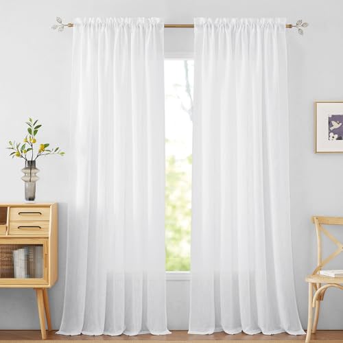 RYB HOME White Curtains Linen Textured Sheer Light Filtering Semi Sheer Curtains 84 inches Long Half Privacy Window Drapes for Living Room Dining, Length 84 by Width 52 inch, 2 Panels Set