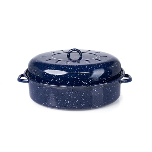 IMUSA USA 18' Traditional Vintage Style Blue Speckled Enamel on Steel Covered Oval Roaster