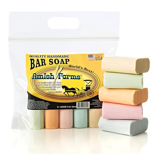 Amish Farms Original Recipe All Natural Soap Bar - Made in USA, Handmade, Vegan Moisturizing for Sensitive Skin - Women & Mens Bar Soap or Mens Soap - Wildflower Scent 5 Oz Each (5 Bars) Colors Vary
