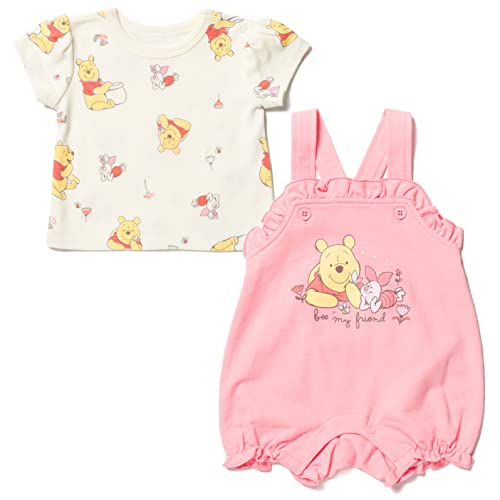 Disney Piglet Winnie the Pooh Newborn Baby Girls French Terry Short Overalls and T-Shirt Pink/White 0-3 Months