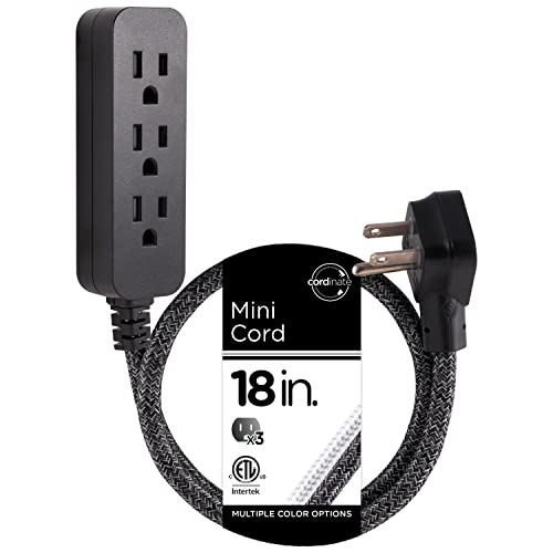 Cordinate Designer Mini 3-Outlet Power Strip, 18in Braided Extension Cord, Grounded Adapter, Low-Profile Flat Plug, UL Listed, Black/Dark Heather, 47298