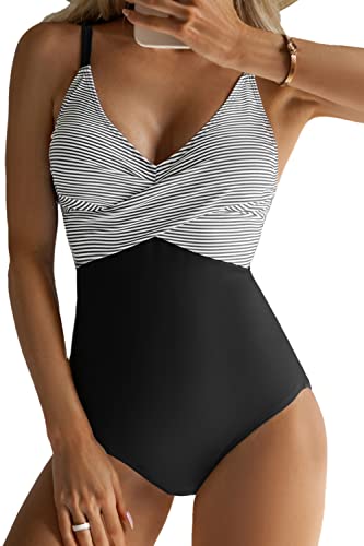 B2prity Women's One Piece Swimsuits Tummy Control Front Cross Bathing Suits Slimming Swimsuit V Neck Swimwear Monokini