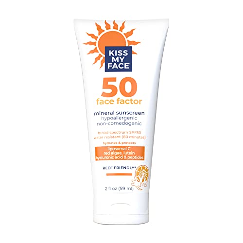 Kiss My Face Face Factor Lotion SPF 50 - Water-Resistant Sunscreen Mineral Lotion - Reef-Friendly & Cruelty-Free - Non-Comedogenic And Fragrance-Free With Hyaluronic Acid and Peptides - 2 fl oz