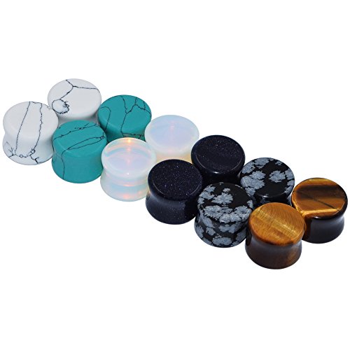 Qmcandy 6 Pairs Natural Stone Ear Plugs Saddle Plugs Ear Gauges Double Flare Expander Piercing Gauge 13/16 inch