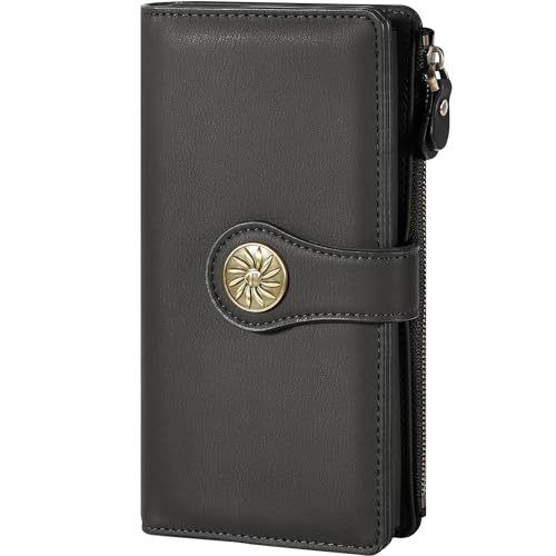 Travelambo Womens RFID Blocking Large Capacity Luxury Waxed Genuine Leather Clutch Wallet Multi Card Organizer (ReNapa Grey Deep)