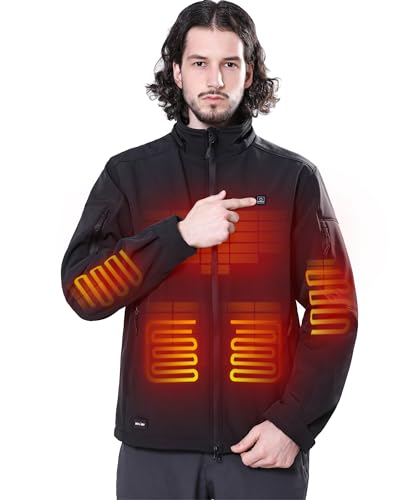 DEWBU Soft Shell Heated Jacket for Men with 12V Battery Pack and Detachable Hood Outdoor Electric Heating Coat, Black, XL