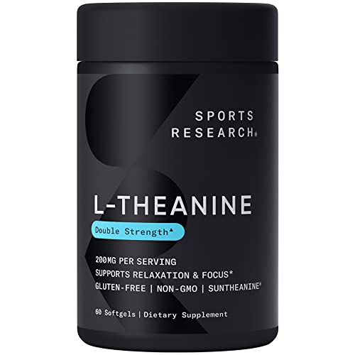 Sports Research Double Strength L-Theanine Supplement - Suntheanine Softgels for Focus, Relaxation & Alertness - Non-Drowsy Support Made with Coconut Oil, Non-GMO & Gluten Free - 200mg, 60 Count