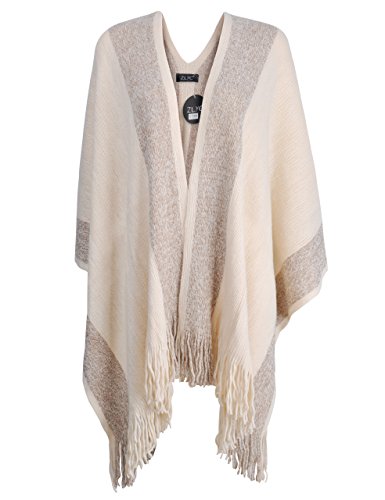 ZLYC Women's Shawl Golden Trim Knit Blanket Wrap Fringe Poncho Coat Cardigan (Khaki)