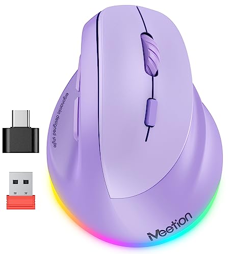 MEETION Ergonomic Mouse, Wireless Vertical Mouse RGB Backlit Rechargeable Mice for Bluetooth(5.2 + 3.0) & USB-A with USB-C Adapter 4 Adjustable DPI Compatible Mac/Windows/Andriod/PC/Tablet/iPad Purple