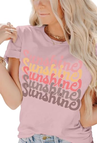 INFITTY Women's 2024 Casual Summer Tops Funny Letters Print T Shirts Short Sleeve Cute Sunshine Graphic Tee Shirts Purple Large