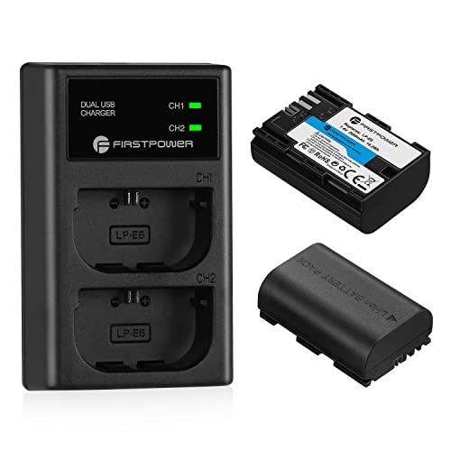 FirstPower LP-E6 LP-E6N Batteries and Dual USB Charger Compatible with Canon EOS 5D Mark II III IV, 5DS, 5DS R, 6D, 6D Mark II, 7D, 7D Mark II, 60D, 70D, 80D, 90D, R, R5, C700, XC10, XC15