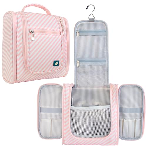 PAVILIA Toiletry Bag Travel Bag for Women Men, Hanging Cosmetic Organizer, Water Resistant Makeup Bag for Accessories Toiletries, Large Travel Essentials Kit (Pink Stripe)