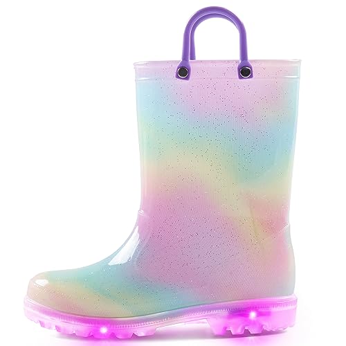 K KomForme Toddler Light Up Rain Boots Patterns and Glitter Rain Boots for Girls Boys with Handles,Aurora Gradient,11