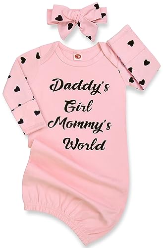 Mikccer Newborn Baby Girl Gown 0-6 Months, Baby Girl Nightgowns, Newborn Babies Girls Gift, Little Sister Newborns Outfits and Coming Home Outfits with Headband Set Pink