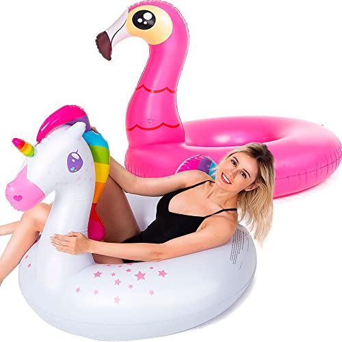 JOYIN 2-Pack Flamingo Unicorn Pool Float - Fun Beach Floaties, Inflatable Swimming Pool Tubes Party Toys, Lake Beach Floaty Swim Rings Summer Pool Raft Lounger for Adults & Kids