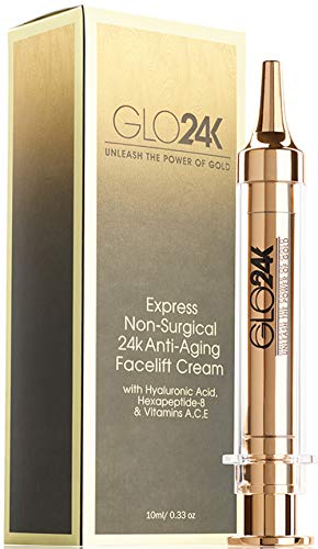 GLO24K Instant Facelift Cream with 24k Gold, Hyaluronic Acid, Peptides, and Vitamins A,C,E - Non-Invasive Alternative to Injections for Instant Results