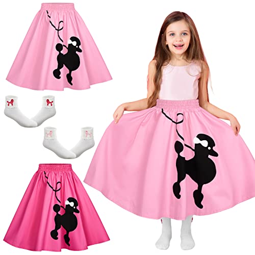 Sweetude 2 Pcs Kids Pink Poodle Skirt Costume with 2 Pairs Socks 50s Costume Accessory Kids 50s Outfits for Girls Toddler Halloween, Pink and Rose Red