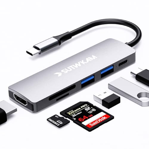 SUTWKAM Powered USB C to HDMI Adapter, SD Card Reader, USB 3.0 and 2.0 Adapter, Plug and Play, Compatible with Android, iOS and Windows Devices