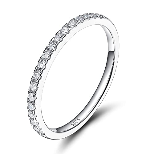 EAMTI 2mm 925 Sterling Silver Wedding Band Cubic Zirconia Half Eternity Stackable Engagement Ring Size 5.5