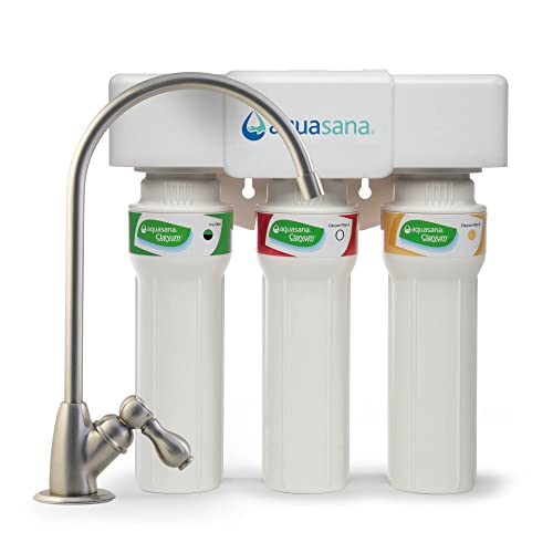 Aquasana 3-Stage Max Flow Claryum Under Sink Water Filter System - Kitchen Counter Claryum Filtration - Filters 99% Of Chlorine - Brushed Nickel Faucet - AQ-5300+.55 , White