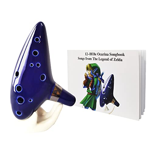 Legend of Zelda Ocarina of Time, 12 Hole Ocarina Alto C w/Song Book, Display Stand, Protective Bag, Cord, Blue