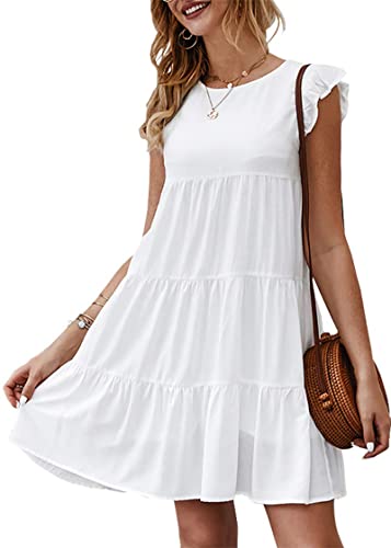KIRUNDO Sun Dresses for Women 2024 Casual White Graduation Dress Sleeveless Ruffle Sleeve Beach Vacation Dress Round Neck Loose Flowy Pleated Mini Babydoll Dress, White, Medium