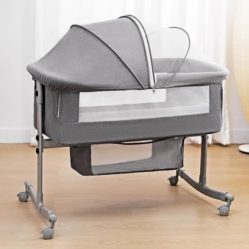 Bedside Crib for Baby, 3 in 1 Bassinet with Large Curvature Cradle, Bedside Sleeper Adjustable and Movable Beside Bassinet with Mosquito Nets, Safety Certificattion Guarantee, Bassinet Bedding Sets