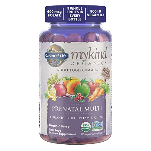 Garden of Life mykind Organics Prenatal Gummies Multivitamin with Vitamin D3, B6, B12, C & Folate for Healthy Fetal Development – Organic, Non-GMO, Gluten-Free, Vegan, Berry Flavor, 30 Day Supply