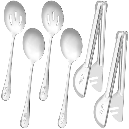 HANSGO Serving Utensils Stainless Steel, 6PCS Large Serving Utensils Including 2 Serving Spoons, 2 Slotted Spoons, 2 Serving Tongs for Wedding Party Family Dinners