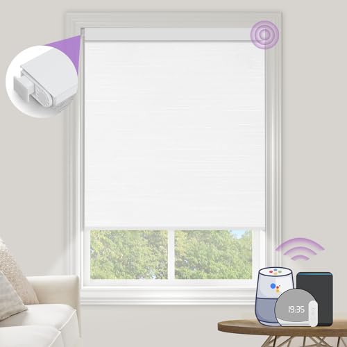 MANSNIX Smart Blinds No Drill Timing Motorized Blinds Compatible with Alexa Google 18-58 Inches Width Blackout Roller Shades Remote Control Automatic Electric Blinds for Window, White, Custom