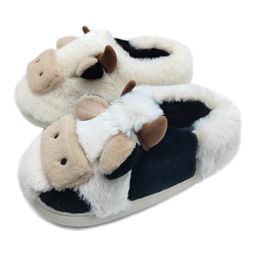 Cute Cow Fuzzy Slippers for Women Men, Cotton Animals House Slippers Fluffy Plush Indoor Shoes for Living Room Bedroom, Size 8.5-9.5