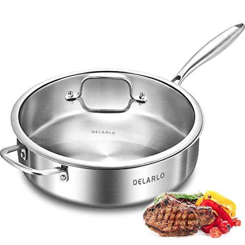 DELARLO Whole Body Tri-Ply Stainless Steel Sauté Pan with lid, 6 Quarts Saute Pan, 12 Inch Deep Frying Pan, Large Skillet Cooking Pan Induction Compatible Chef Pan, Dishwasher & Oven Safe