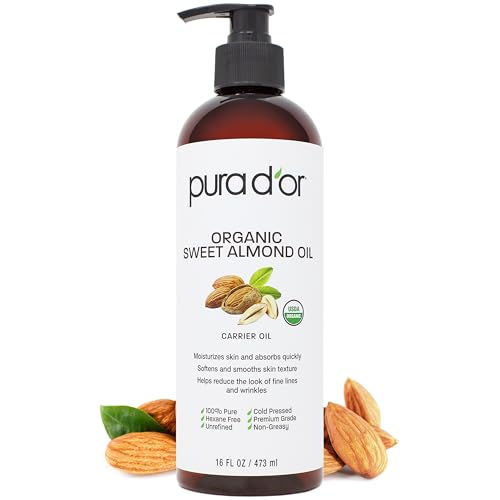 PURA D'OR 16 Oz ORGANIC Sweet Almond Oil - 100% Pure & Natural USDA Certified Cold Pressed Carrier Oil For DIY Beauty - Non-Greasy, Unscented, Hexane Free Moisturizer - Massage Oil For Hair & Skin