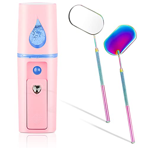 Nano Mist Sprayer Eyelash Extensions Mini Facial Steamer 20ml Portable Face Mister Usb Handheld Facial Humidifier and 270 Degree Rotation Lash Mirror for Makeup Skin Care (Cool Style,Stainless Steel)