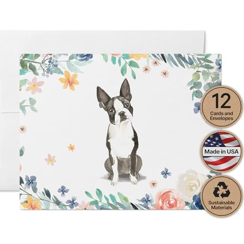 Twigs Paper - Boston Terrier Dog Cards - Set of 12 Blank Cards (5.5 x 4.25 Inch) with 12 Envelopes - 100% EcoFriendly Stationery - Made In USA