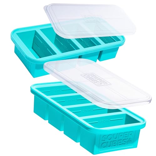 Souper Cubes 1 Cup Silicone Freezer Tray With Lid - Easy Meal Prep Container and Kitchen Storage Solution - Silicone Molds for Soup and Food Storage - Aqua - 2-Pack