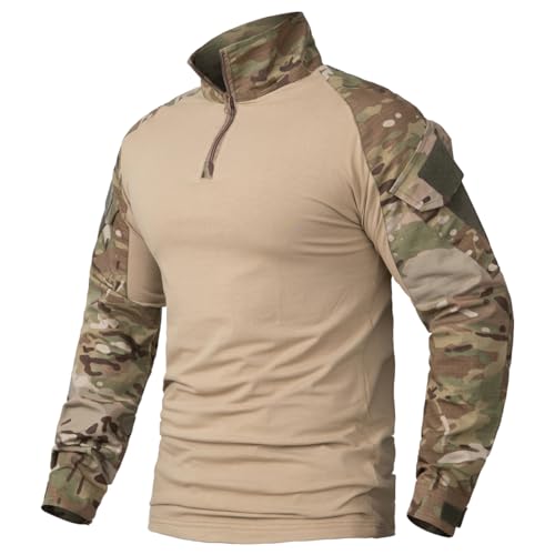 CARWORNIC Men's Tactical Combat Shirt, 1/4 Zipper Long Sleeve Camo Army Military T Shirt
