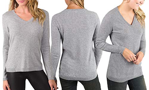 Lisa International Women's Soft 100% Cashmere Pullover V-Neck Sweater (XL, Grey)