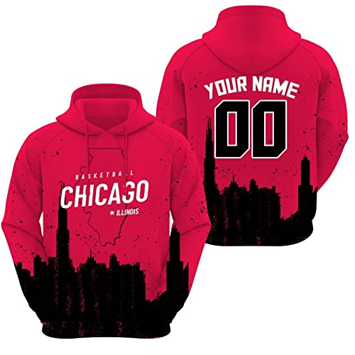 UUART Chicago Custom Basketball Sweatshirt Hoodie Personalized Sweatshirt Name Number Gifts for Fans, Red Black 2