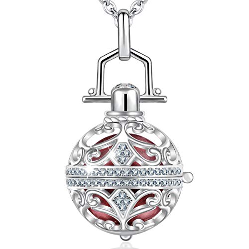 AEONSLOVE Harmony Ball Pregnancy Bola Necklace, Vintage Cubic Zirconia Harmony Ball Locket Angel Chime Caller Bell 18mm Mexican Bola Balls Pendant Necklaces for Women, 30'/45'' Chain(Wine red)