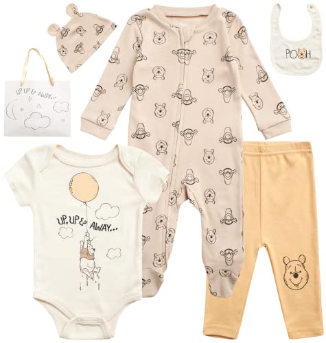 Disney Baby Boys Girls Newborn Essentials 7 Piece Layette Gift Set: Mickey Mouse, Winnie the Pooh & Minnie Mouse (Size 0-6M), Size 0-3M, Winnie/Pooh Honey