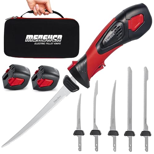 Mershca Cordless Electric Fillet Knife, with 5 Ti-Nitride S.S. Coated Non-Stick Reciprocating Blades & Cooling Hole Non-Slip Grip Handle & Practical handbag, Rechargeable Electric Knife for Fishing