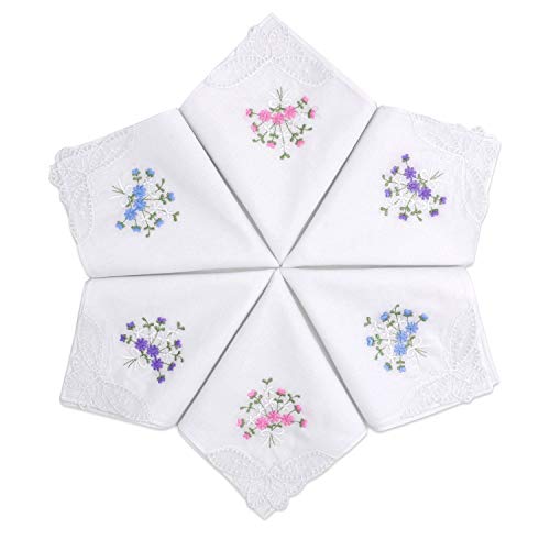 Selected Hanky Women's Cotton Handkerchiefs Flower Embroidered with Lace, Ladies Hankies 6 Pcs - Assorted