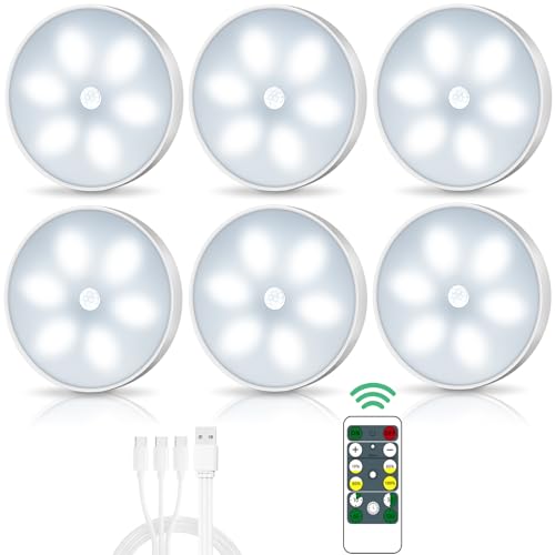 LED Closet Lights Wireless Motion Sensor Puck Light, Newest Version USB Rechargeable Dimmer Step Light with Remote, Night Safe Lighting for Under Cabinet, Counter, Kitchen, Hallway, Stairs (6 Pack)
