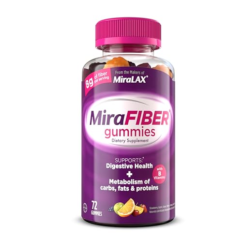 MiraLAX: MiraFIBER Gummies, 8g of Daily Prebiotic Fiber with B Vitamins to Support Digestive Health and Metabolism, Fruit Flavored Fiber Gummies, 72 Count